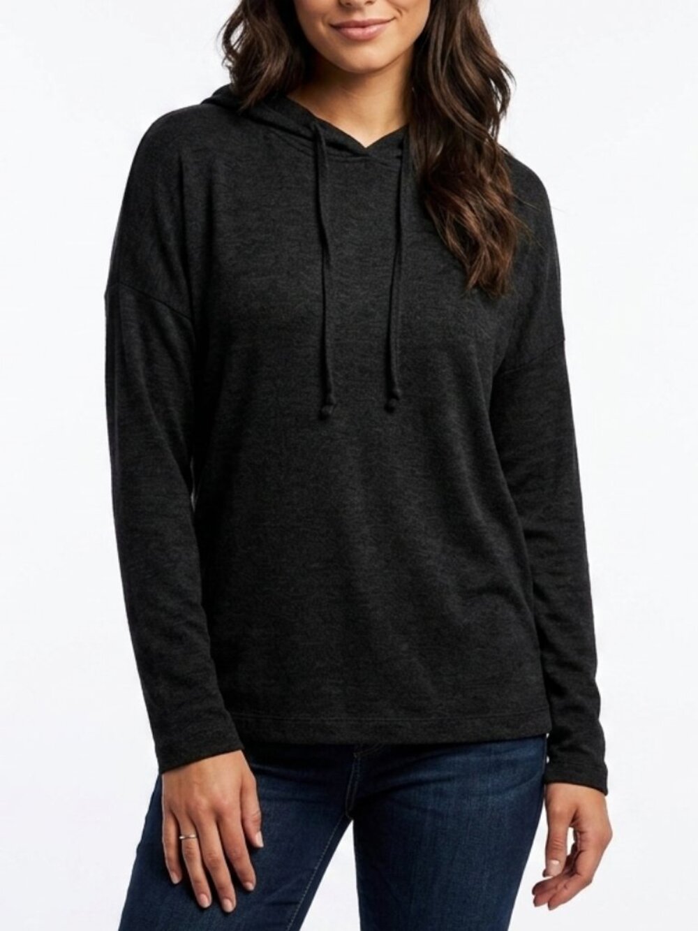 Max & Mia Jet Black Neo-Minimalist Rayon Blend Drapey Hooded Sweatshirt XL